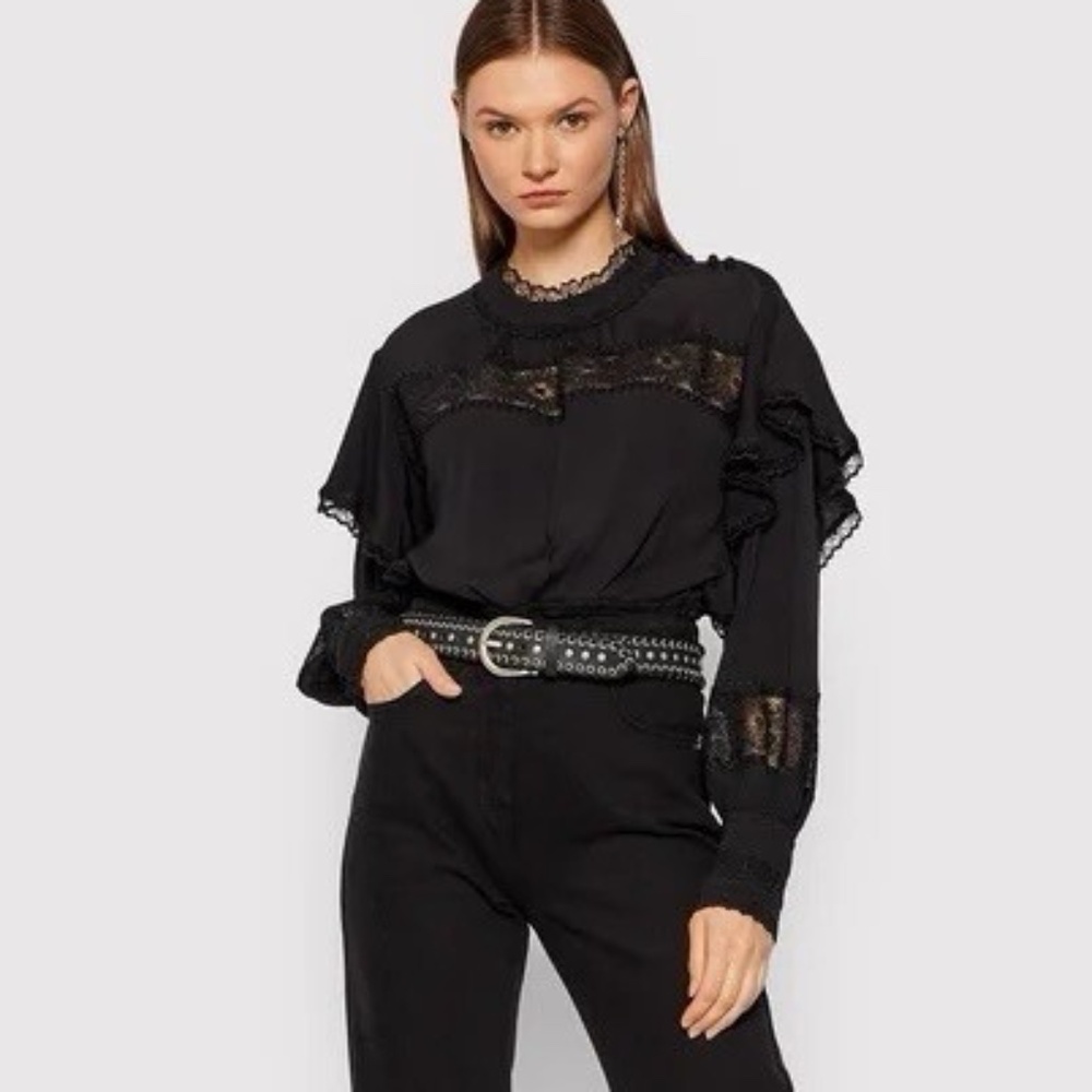 $495 IRO Claw guipure lace-trimmed ruffled crepe blouse US Size 2 FR 34 21W